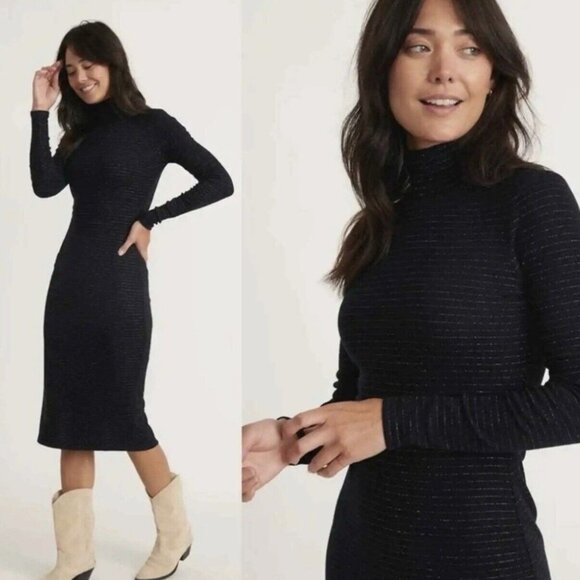 Marine Layer Lexi Rib Turtleneck Midi Dress in Navy Lurex Stripe XL - Picture 1 of 8